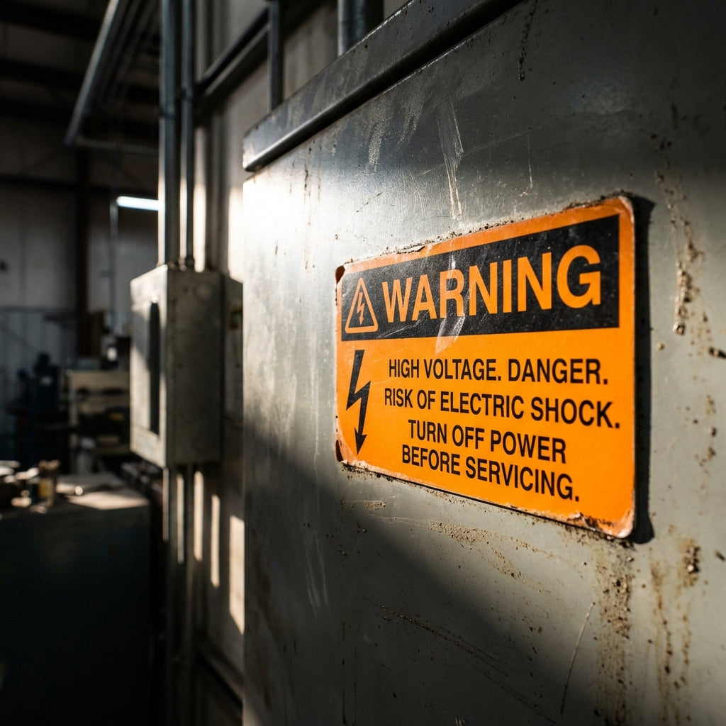 Industrial safety and compliance warning labels on durable materials